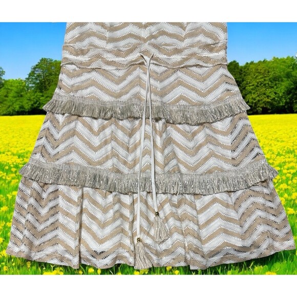 Venus Dress Size 2 Ivory Beige Chevron Fringe Tiered Boho Mini Sleeveless Lined - Picture 2 of 4